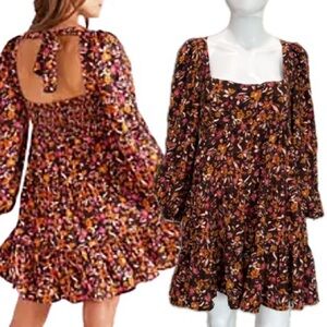 MINKPINK Sorrento Floral Babydoll Dress Size Large Tiered Ruffle Tie Neck Mini